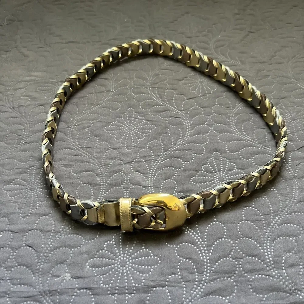 Vintage 70's Belt Adjustable Leather Metallic Glam Wrap Chain Gold Bronze Cream